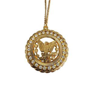 Gold Tone Eagle Pendant Necklace With Sparkling Stone Accents 24" Chain Vtg